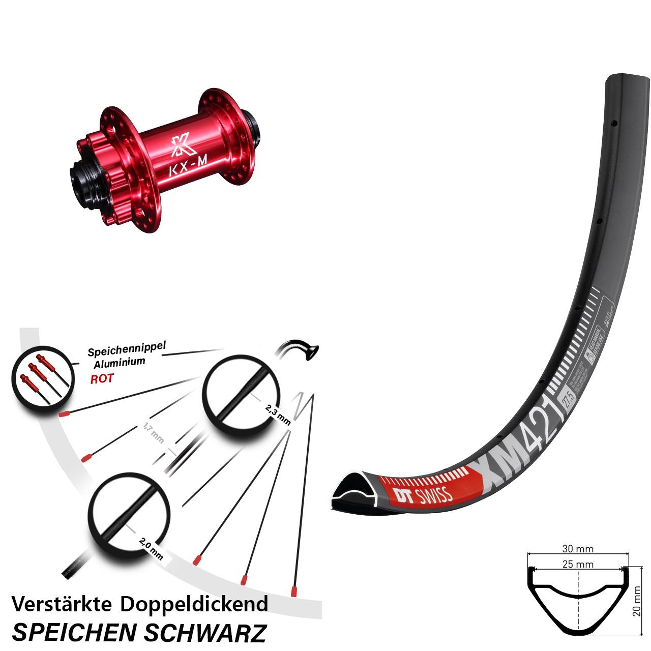 6-Loch Vorderrad 15x100 27,5 Zoll DT Swiss XM 421 KX-M rot