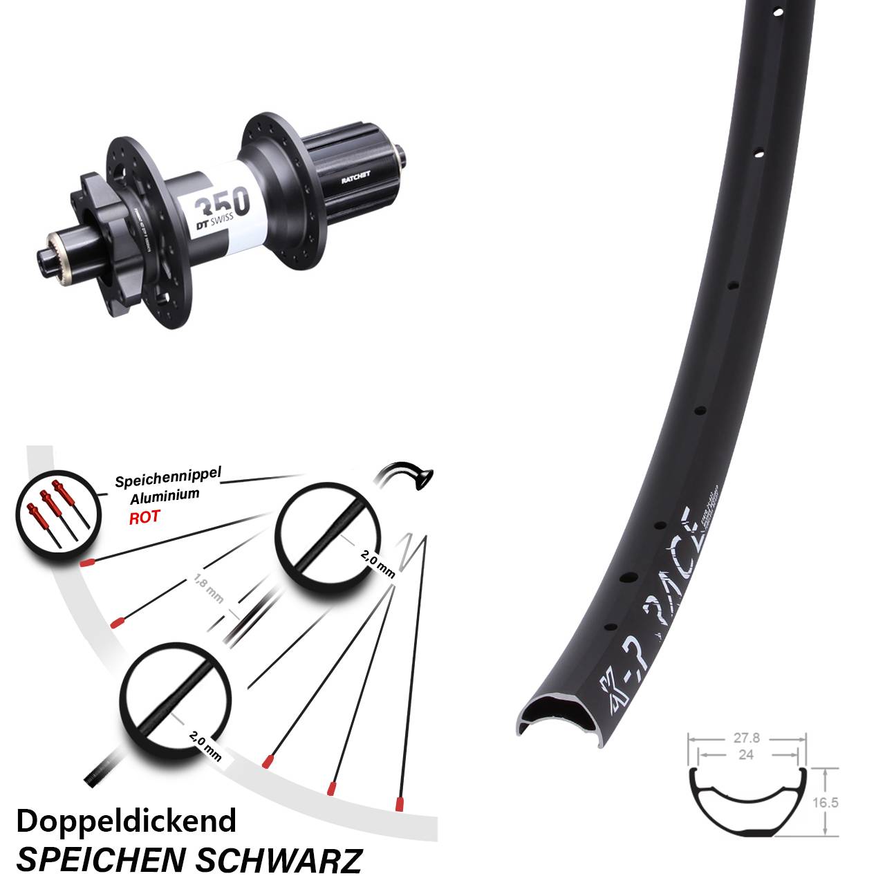 29 Zoll KX-R Race Hinterrad DT Swiss 350 5x135 mm Ratchet 36 8-11 fach