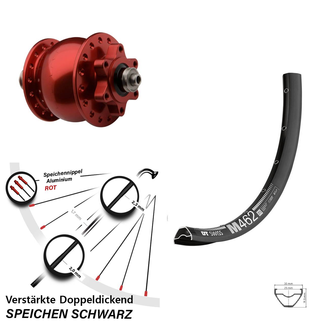 650B DT Swiss M 462 SON 28 rot 6-Loch Nabendynamo-Vorderrad für Schnellspanner