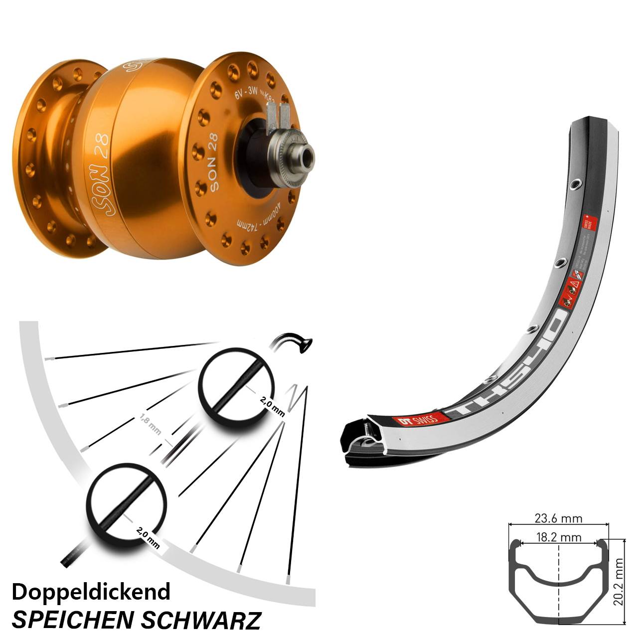 orange eloxierter Son 28 Zoll Vorderes Rad mit Nabendynamo DT Swiss TK 540