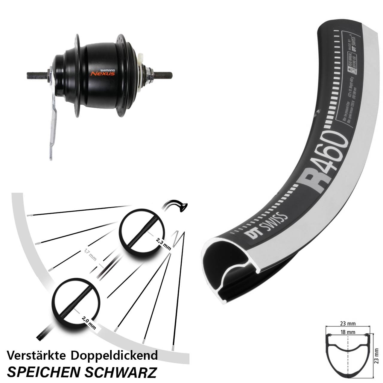 Hinterrad 28 Zoll Shimano Nexus 8 Gang DT Swiss R460 Rücktrittbremse