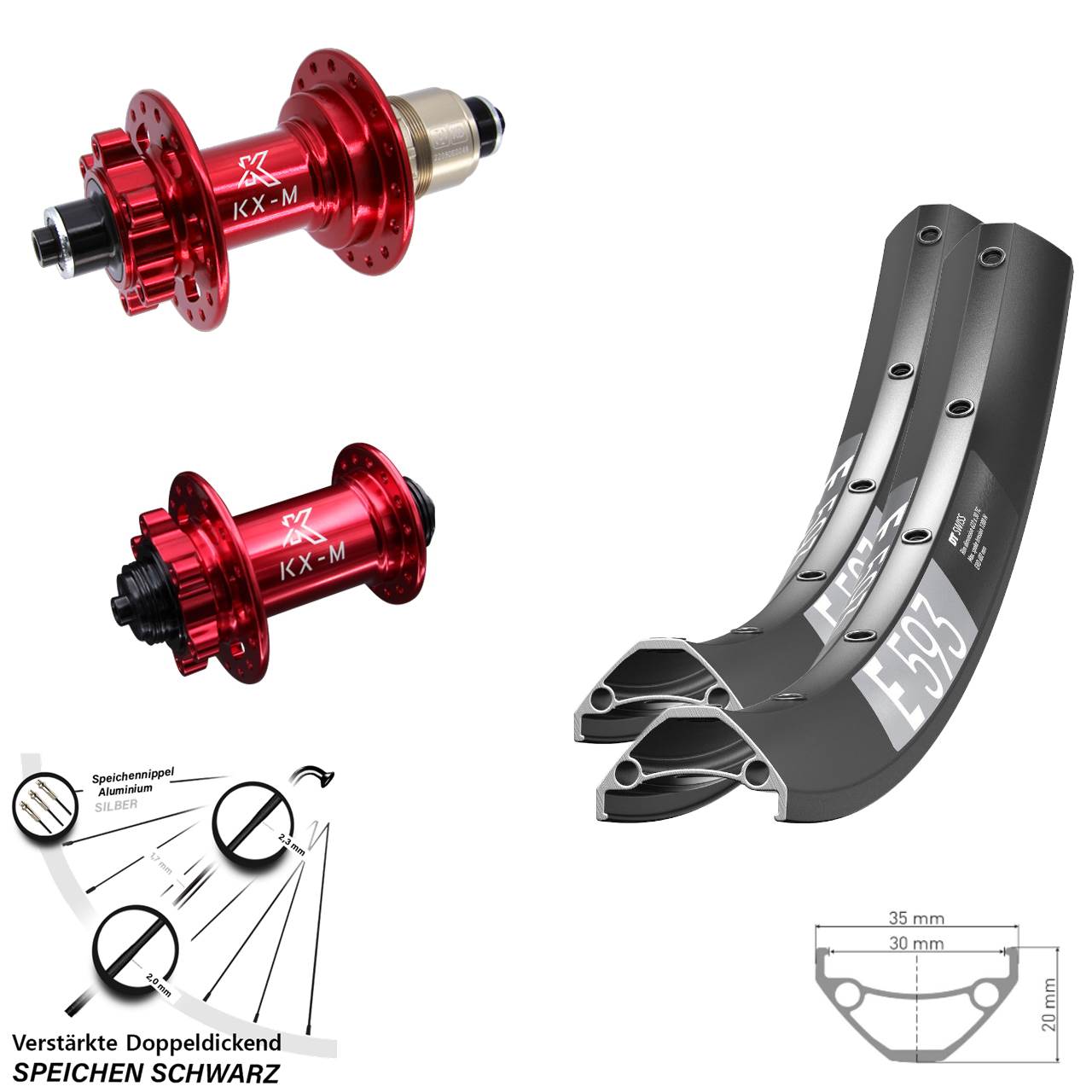 Disc Laufrad-Satz für Schnellspanner 29 Zoll DT Swiss E593 KX-M rot SRAM XD