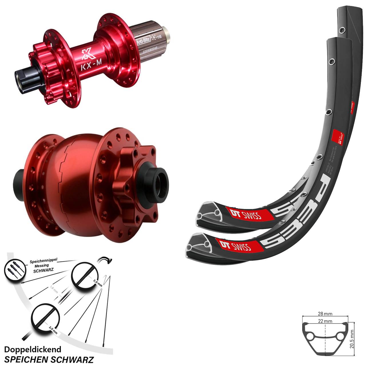 DT Swiss 533d KX-M rot SON 28 28-29 Zoll 6-Loch Laufradsatz 15x100 12x142 8-12 fach