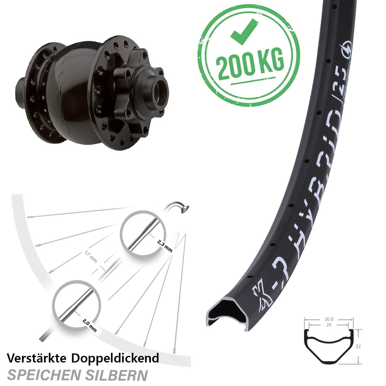 Nabendynamovorderrad 6-Loch 15x100 28-29 Zoll KX-R Hybrid 25 SON 28