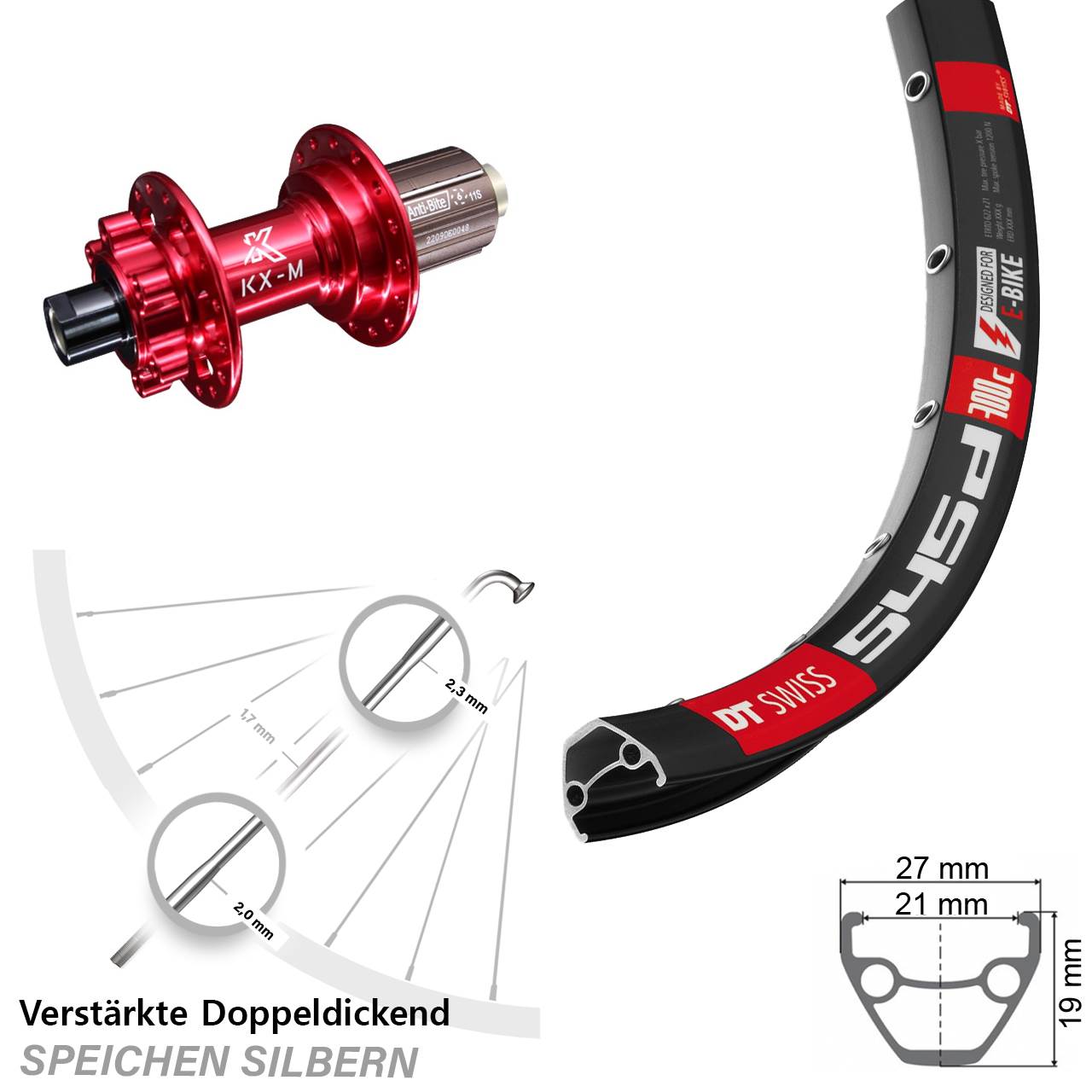 Hinterrad 6-Loch 28 Zoll DT Swiss 545d KX-M rot 8-12 fach HG 12x142