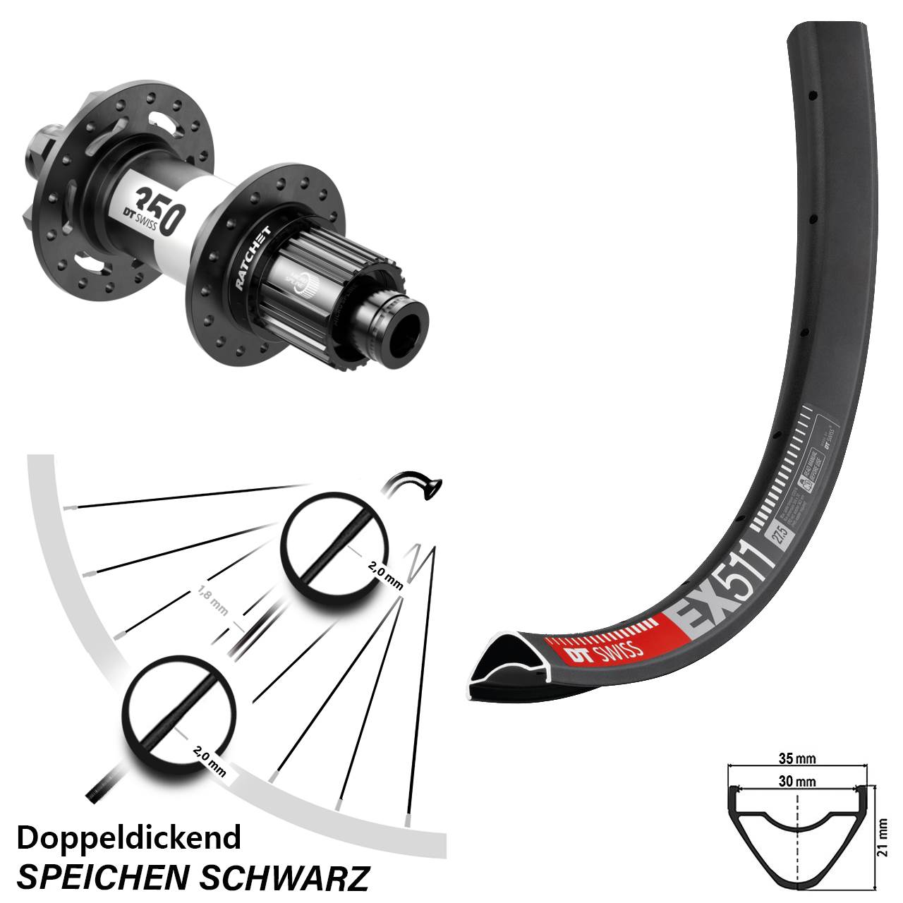 27,5 Zoll DT Swiss EX 511 Hinterrad 350 6-Loch Micro Spline 12x148