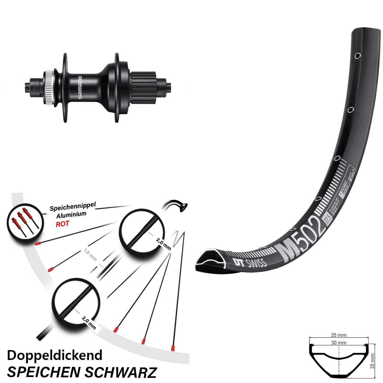 29 Zoll DT Swiss M 502 Shimano FH-MT500 Disc Hinterrad QR Micro Spline