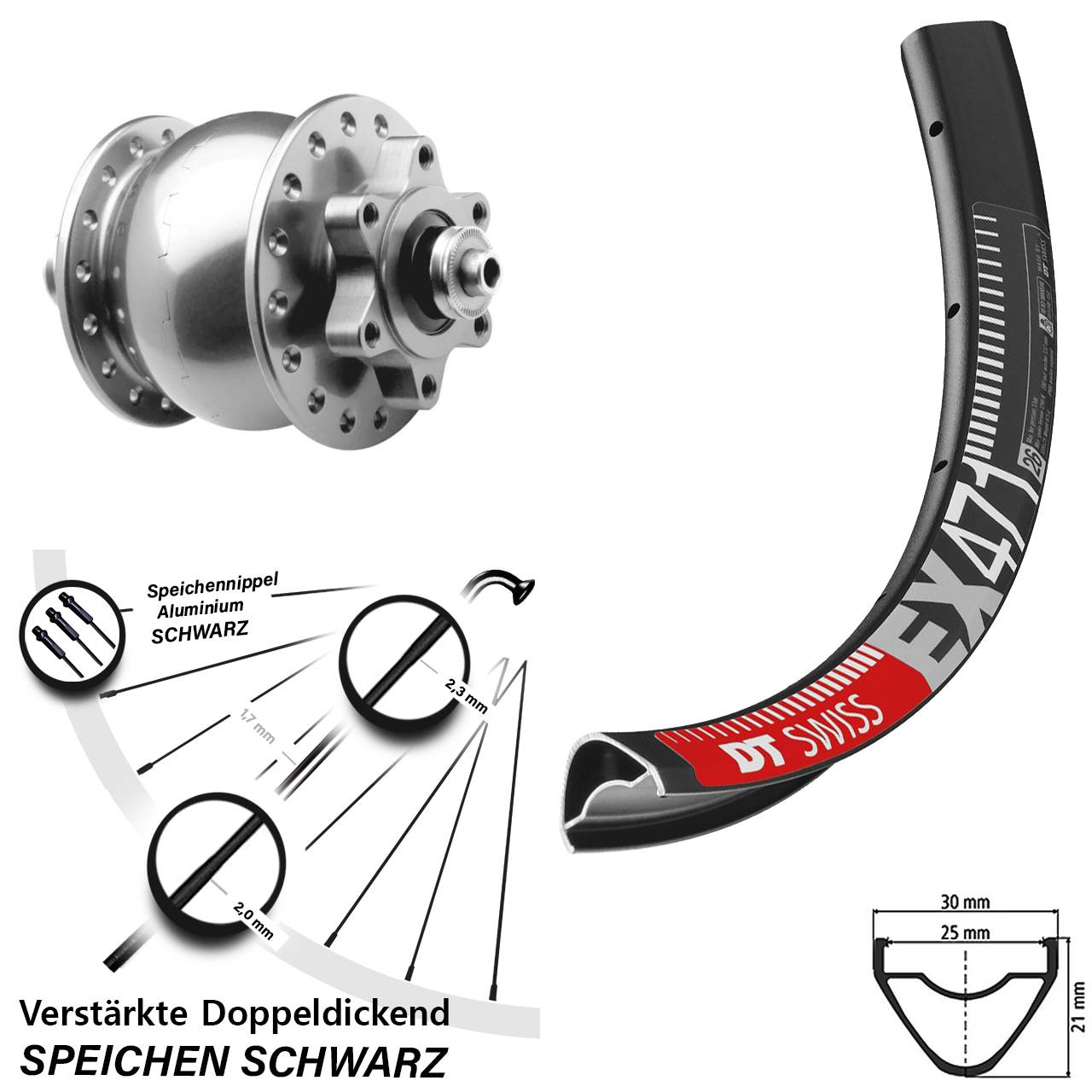 26 Zoll DT Swiss EX471 SON 28 silbern Dynamo-Vorderrad 6-Loch für Schnellspanner