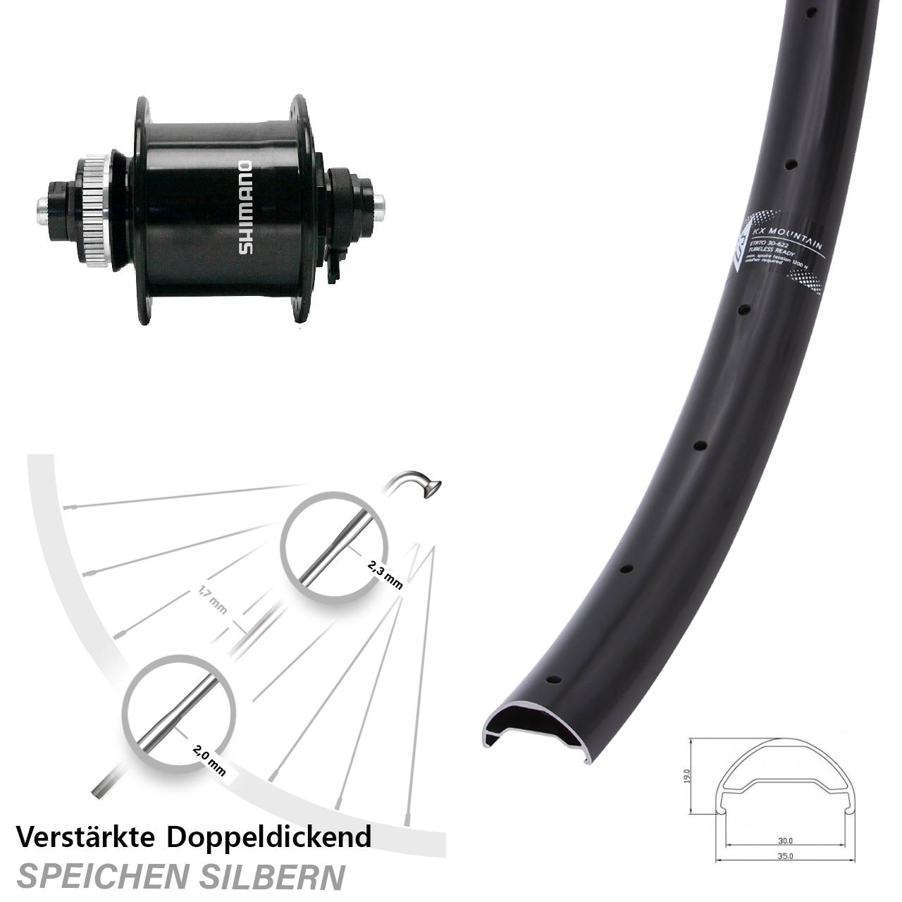 KX Mountain Shimano DH-UR700-3D 29 Zoll Nabendynamovorderrad Centerlock für Schnellspanner