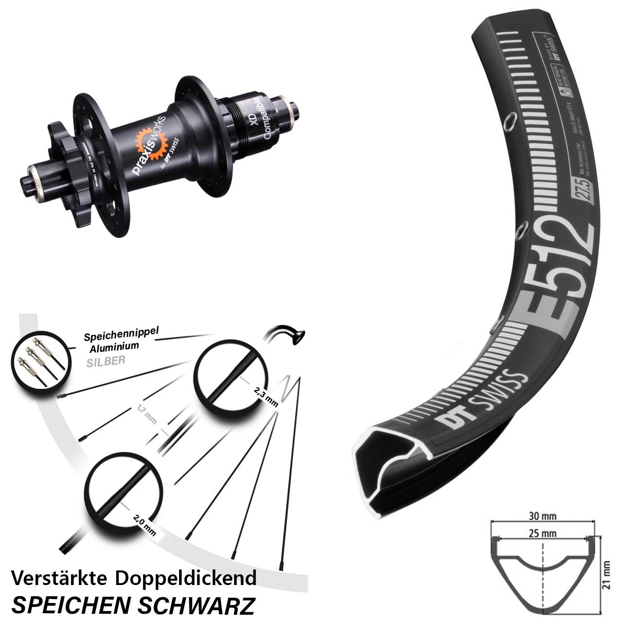 DT Swiss E512-350 29 Zoll Hinterrad 6-Loch Disc für Schnellspanner XD
