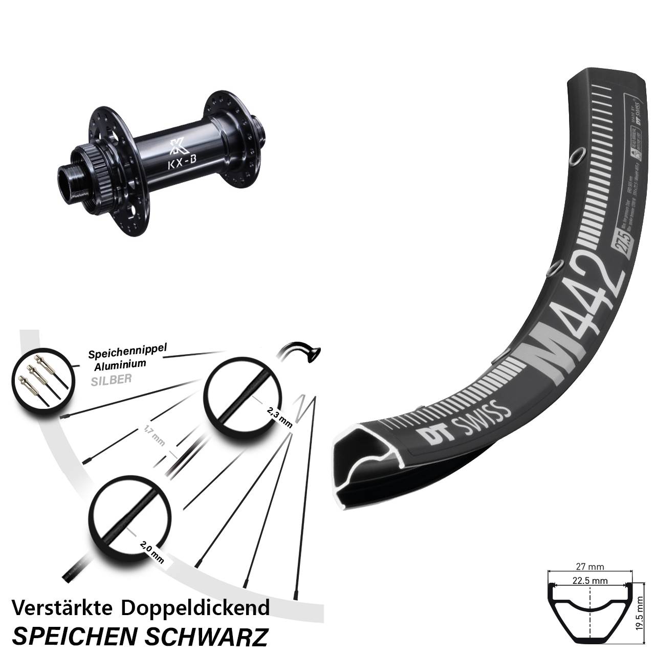 28 Zoll DT Swiss M442 KX-B Vorderrad Centerlock 12x110 Boost