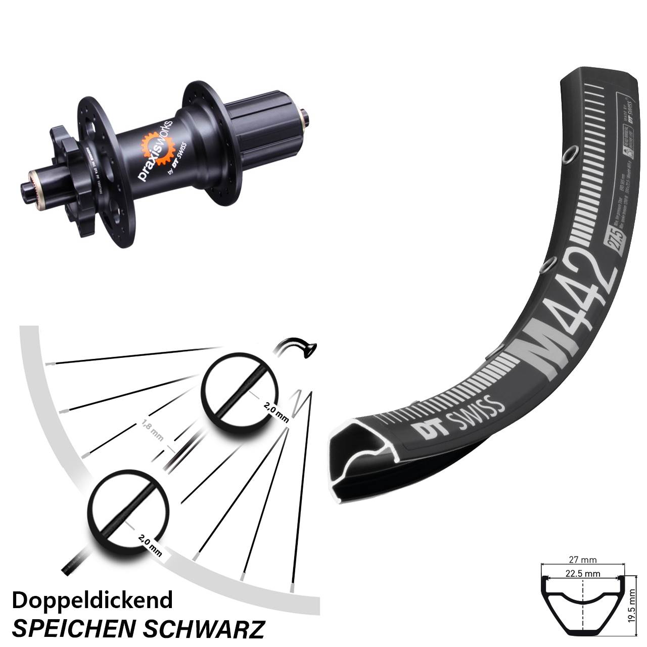 28-29 Zoll DT Swiss M442-350 6-Loch Hinterrad für Schnellspanner 8-11 fach