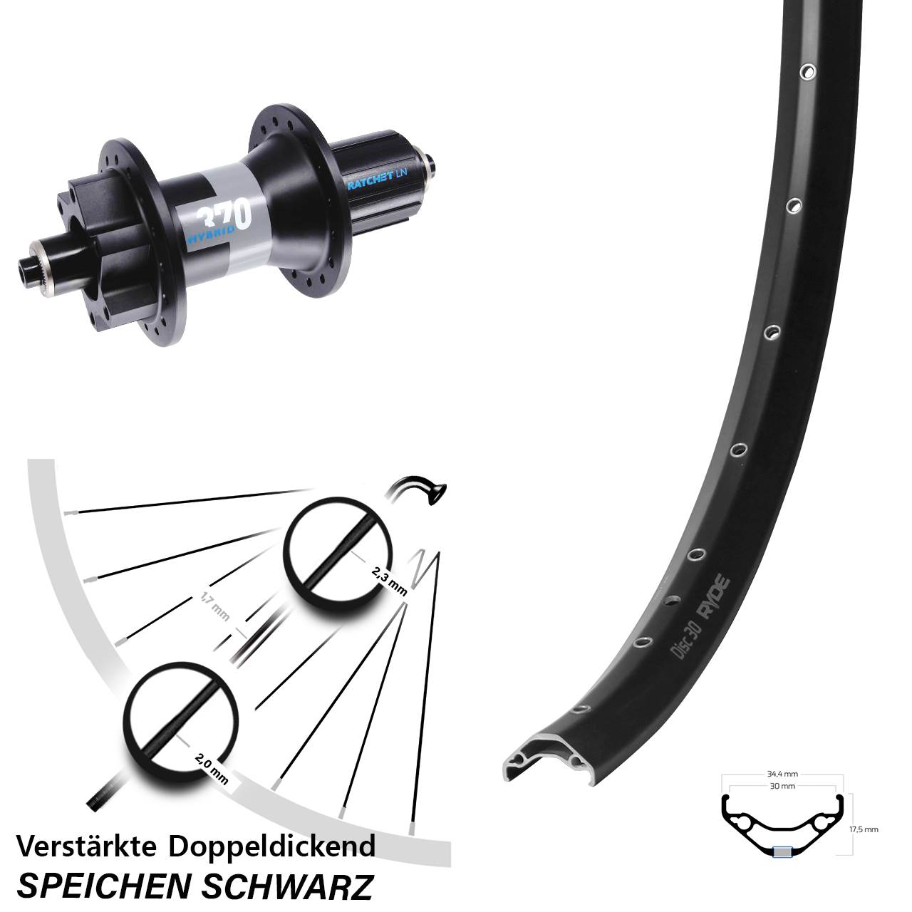 Ryde Disc 30 DT Swiss 370 Hybrid 27,5 Zoll Hinterrad QR Boost 8-11 fach
