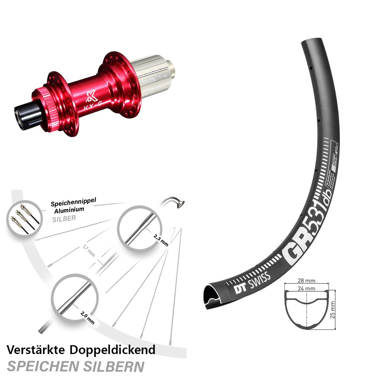 Gravel Hinterrad 28-29 Zoll KX-G rot Steckachse Centerlock 8-12 fach DT Swiss GR 531
