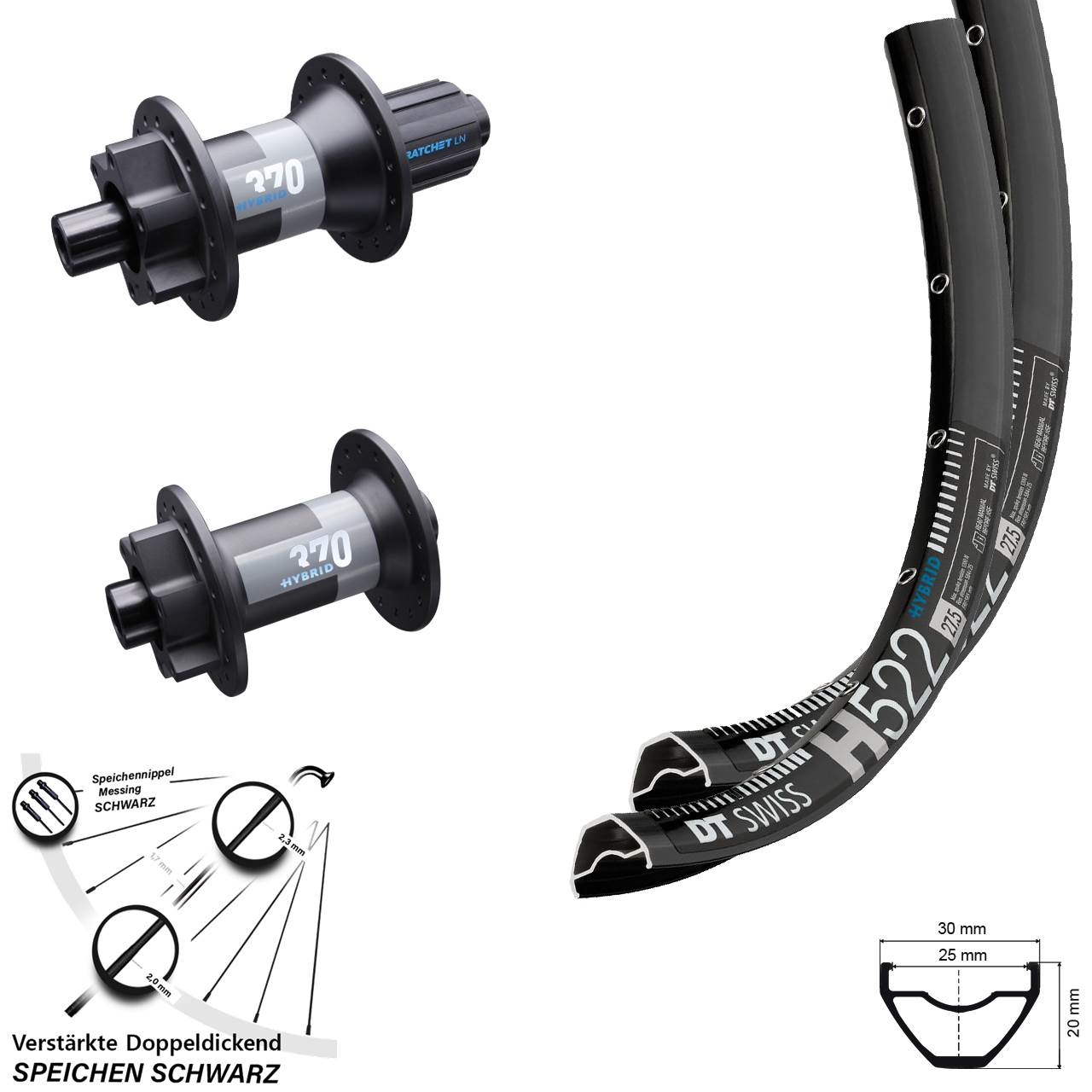 DT Swiss H 522 370 Hybrid 650B 6-Loch Laufradsatz 15x110 12x148 8-11 fach HG