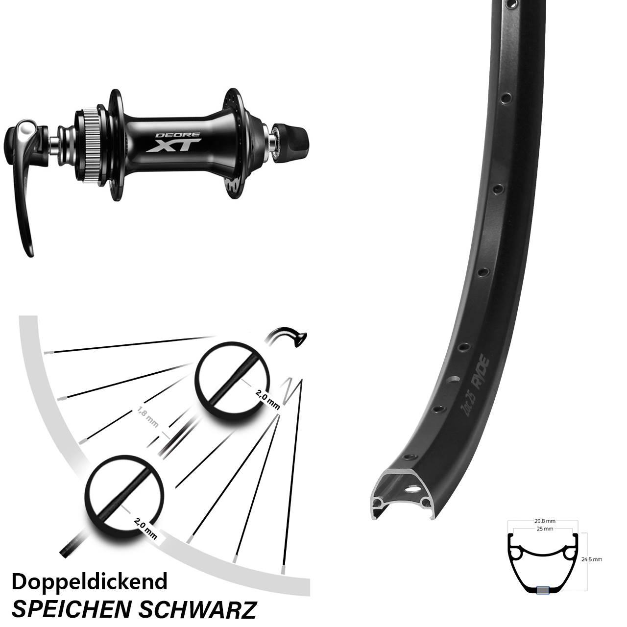 28-29 Zoll Ryde ZAC 25 Shimano HB-M8000 Centerlock Vorderrad QR