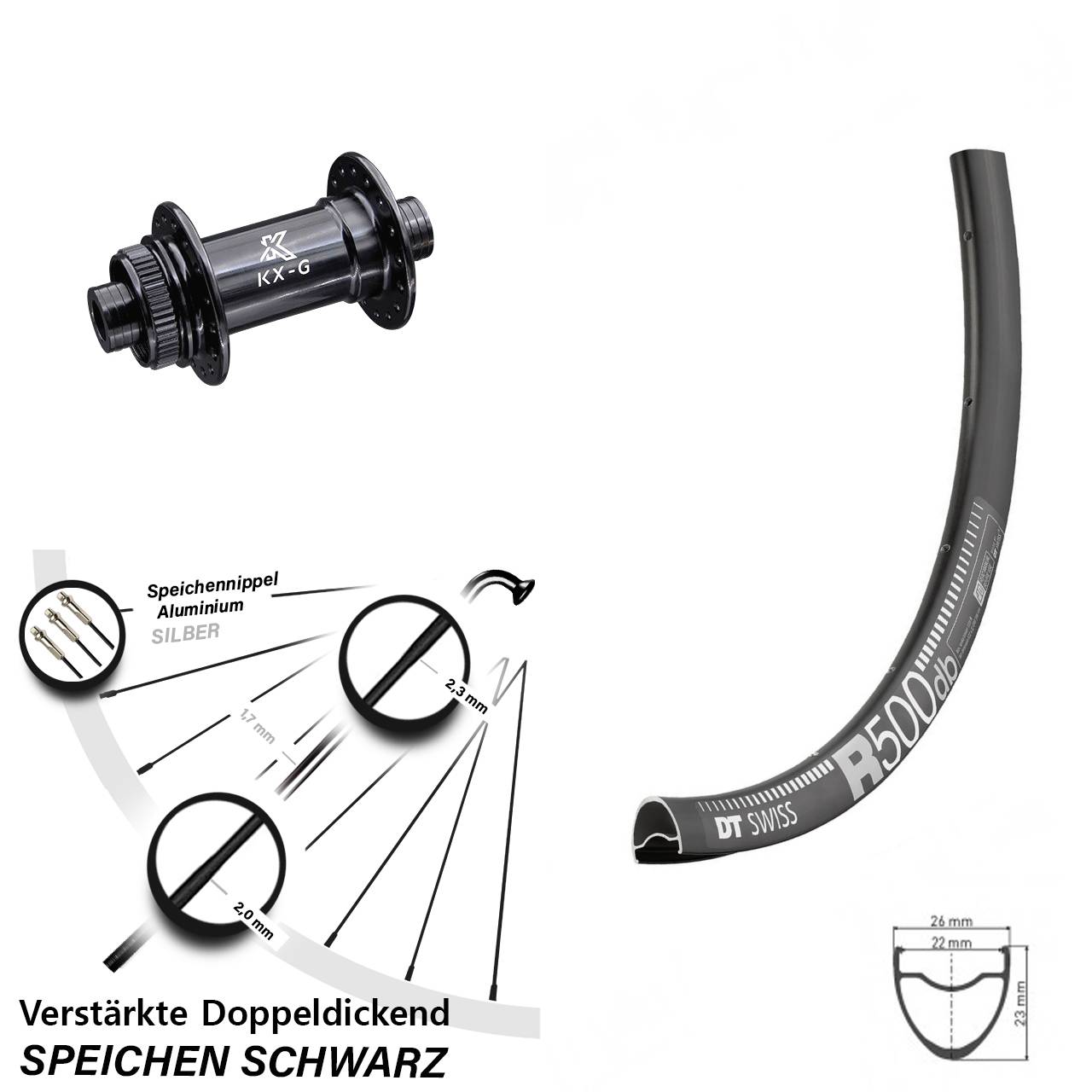 Road Disc DT Swiss R 500 Vorderrad 28 Zoll verstärkt mit KX-G Nabe 12x100 mm Centerlock