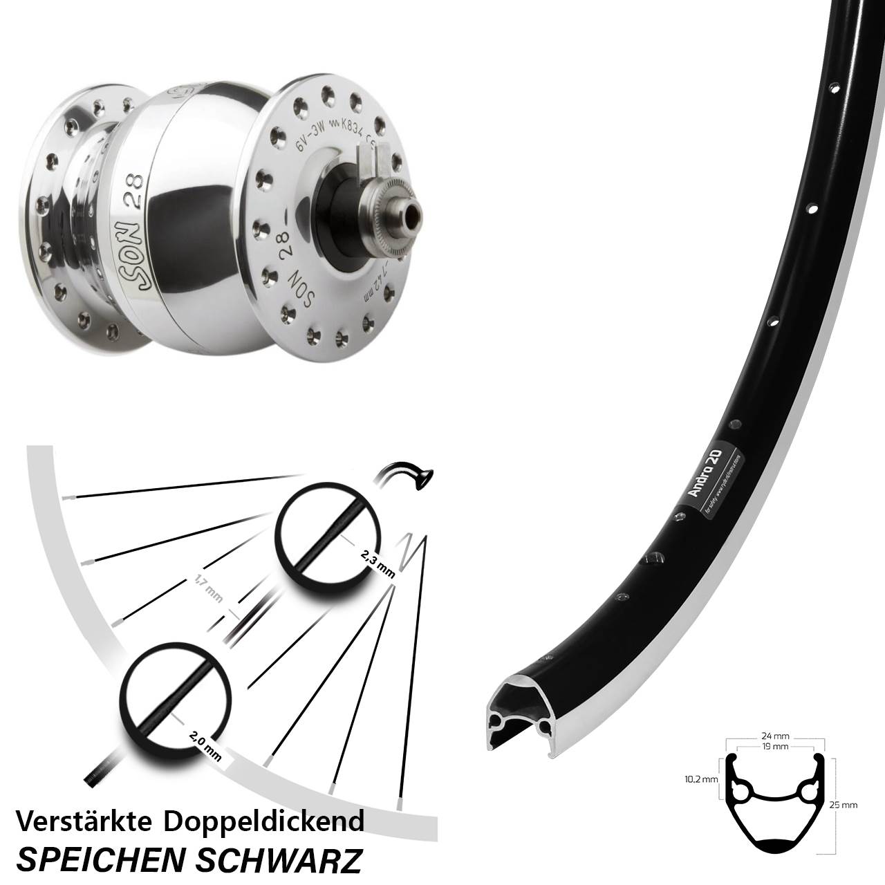 Nabendynamolaufrad SON 28 Zoll Ryde Andra 20 QR