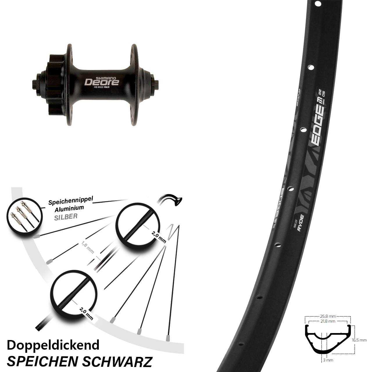 28-29 Zoll Ryde Edge M22 Shimano Deore Vorderrad 6-Loch QR