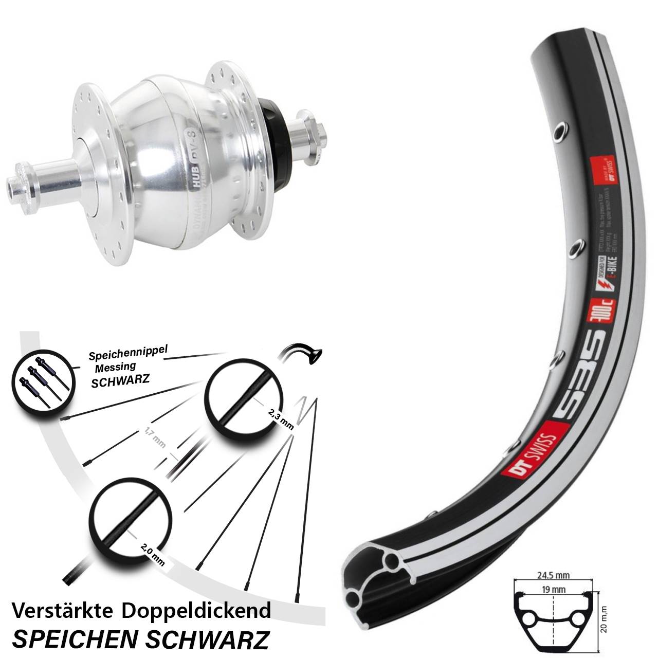Nabendynamolaufrad 28 Zoll DT Swiss 535 Shutter Precision PV-8 für Schnellspanner