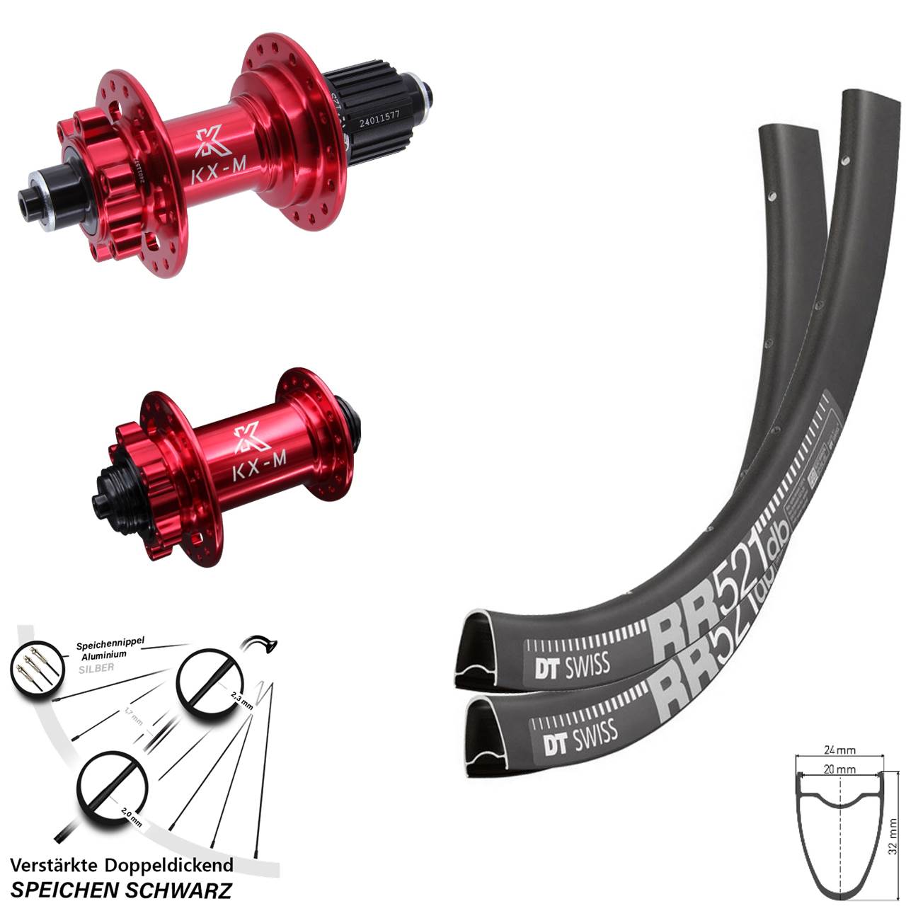 Disc Laufradsatz 28 Zoll DT Swiss RR521 KX-M rot Shimano Micro Spline für Schnellspanner
