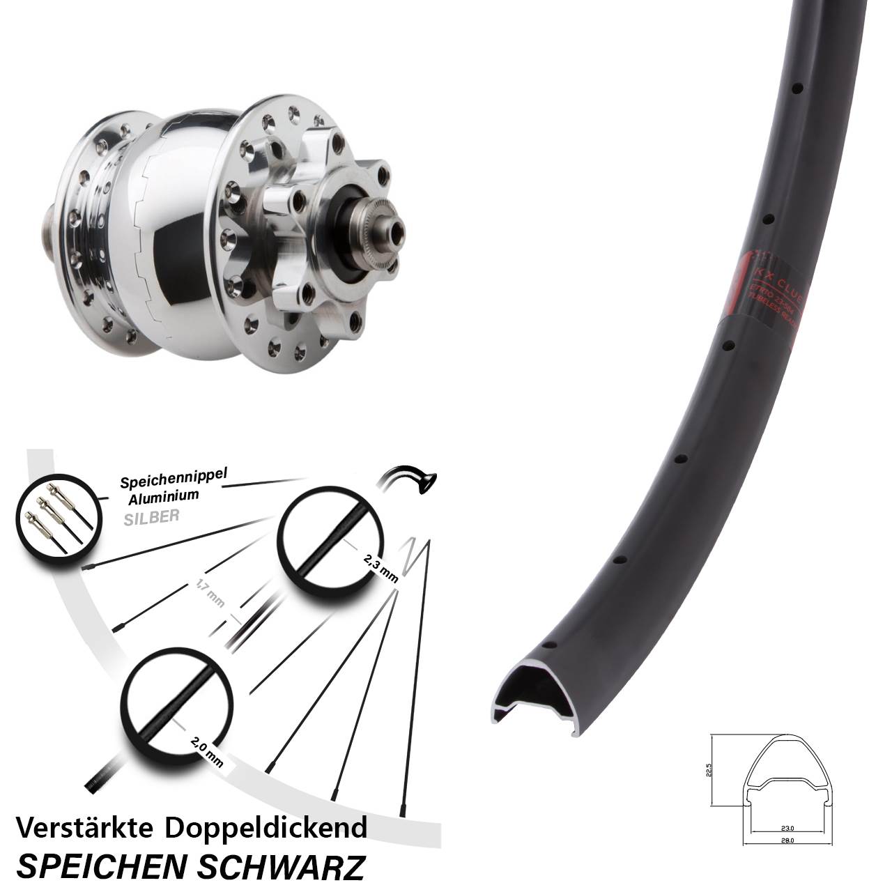 SON 28 Disc 6-Loch poliert KX Clue Laufrad 650B mit Nabendynamo für Schnellspanner