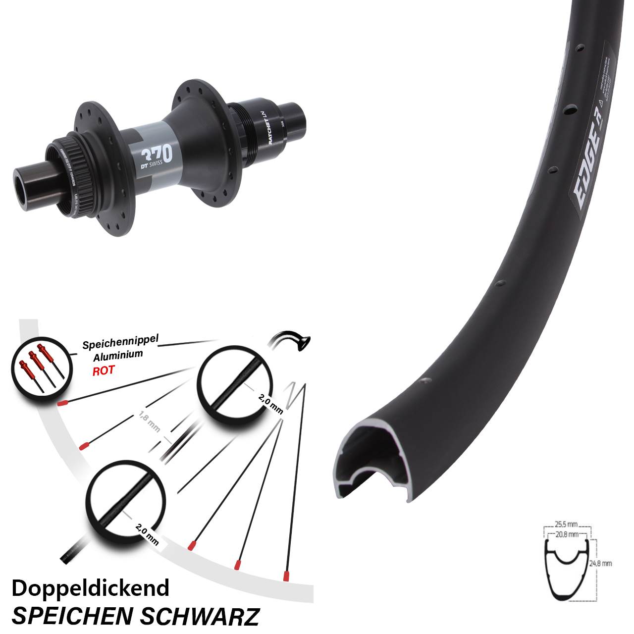 28 Zoll Ryde Edge R25 Offset DT Swiss 370 Centerlock Hinterrad 12x142