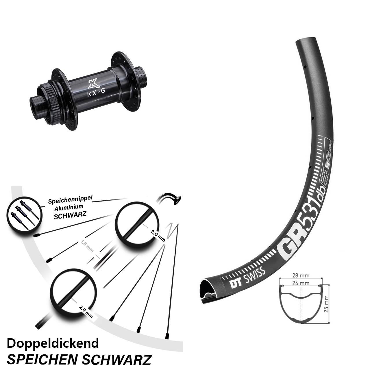 28-29 Zoll Vorderrad KX-G Steckachse 12x100 DT Swiss GR 531 DB Centerlock