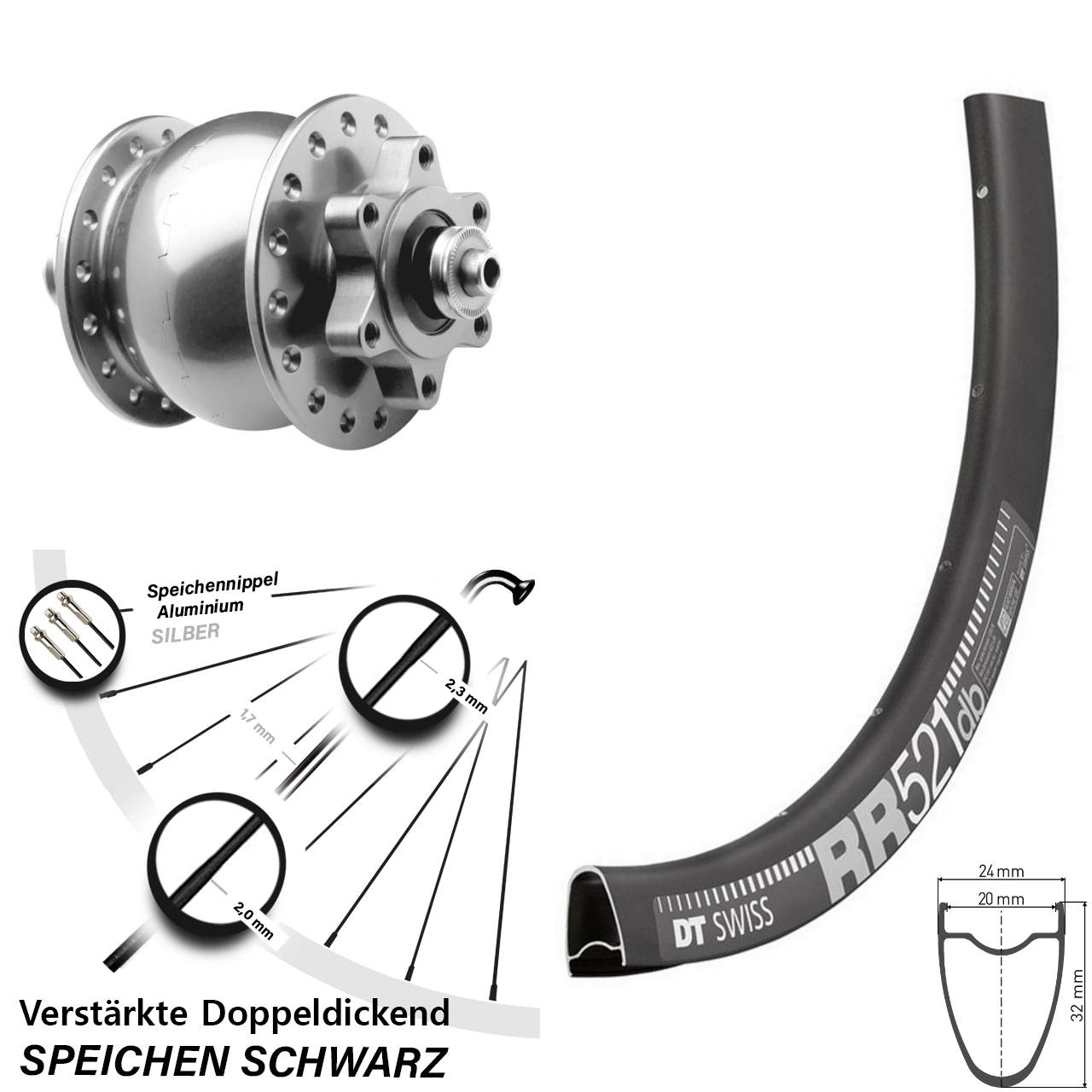 DT Swiss RR 521 SON 28 Zoll 6-Loch Nabendynamovorderrad für Schnellspanner