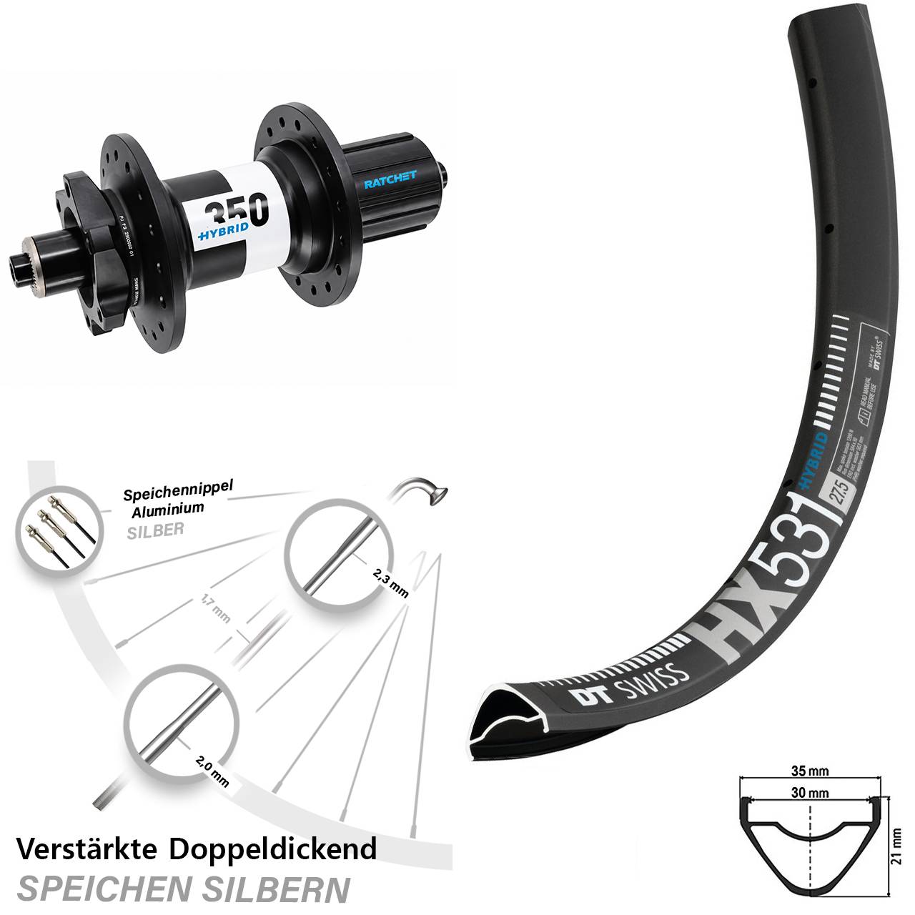 Hinterrad 29 Zoll DT Swiss HX531-350 Hybrid 8-11 fach für Schnellsp.