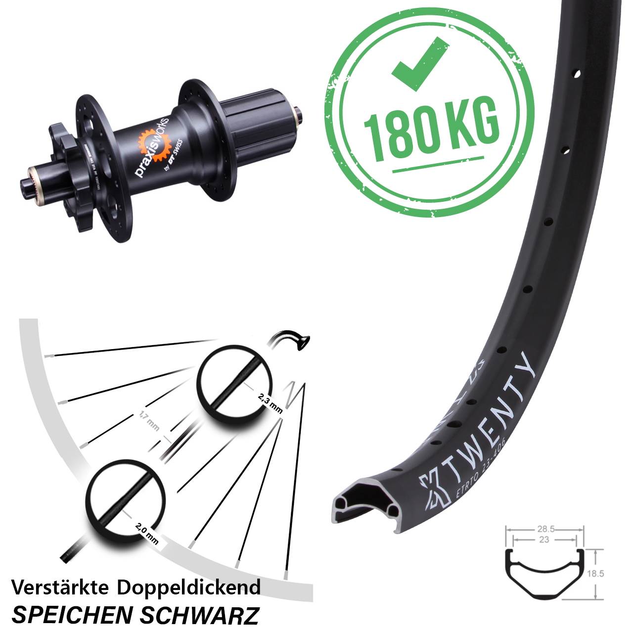 Hinterrad 20 Zoll KX Twenty DT Swiss 350 6-Loch 5x135 HG 8-11 fach