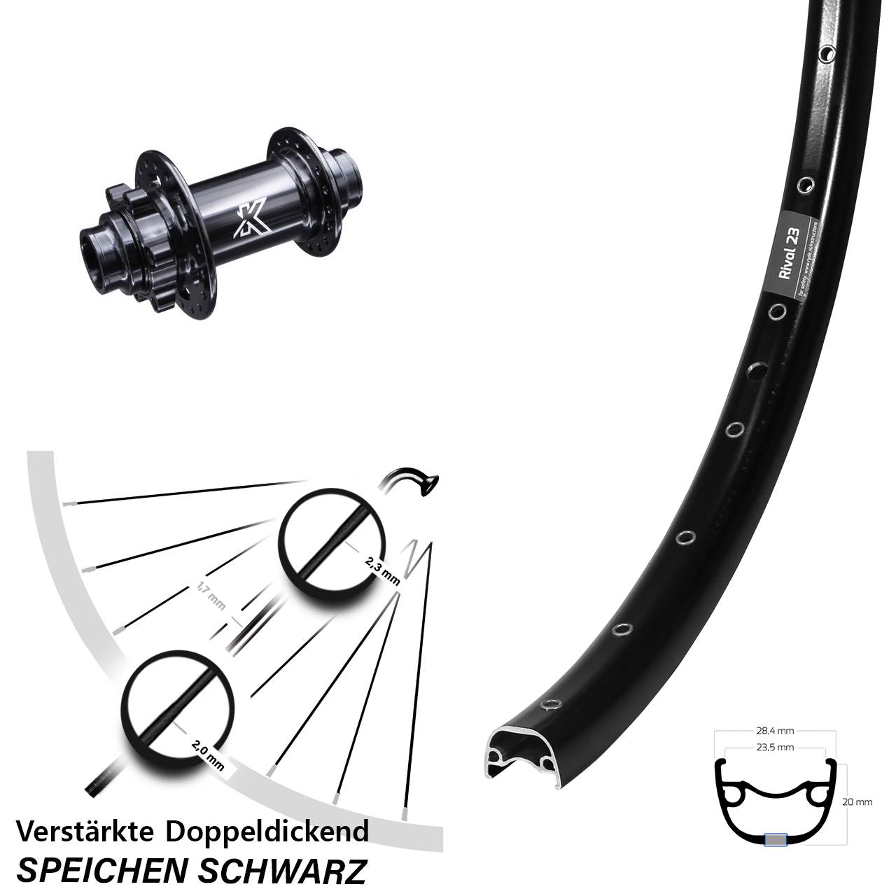 Vorderrad 6-Loch 650B Ryde Rival 23 KX-M Steckachse 20x110 non Boost