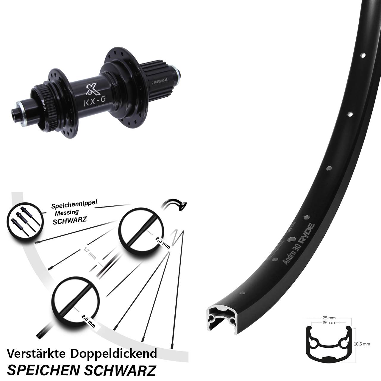 Ryde Andra 30 Disc KX-GS verstärkt 28 Zoll Hinterrad QR Micro Spline