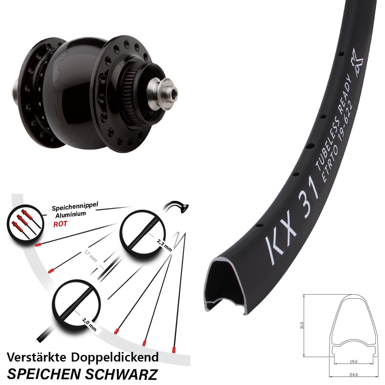 Centerlock Vorderrad mit Dynamo KX31 SON 28 Zoll für Schnellspanner