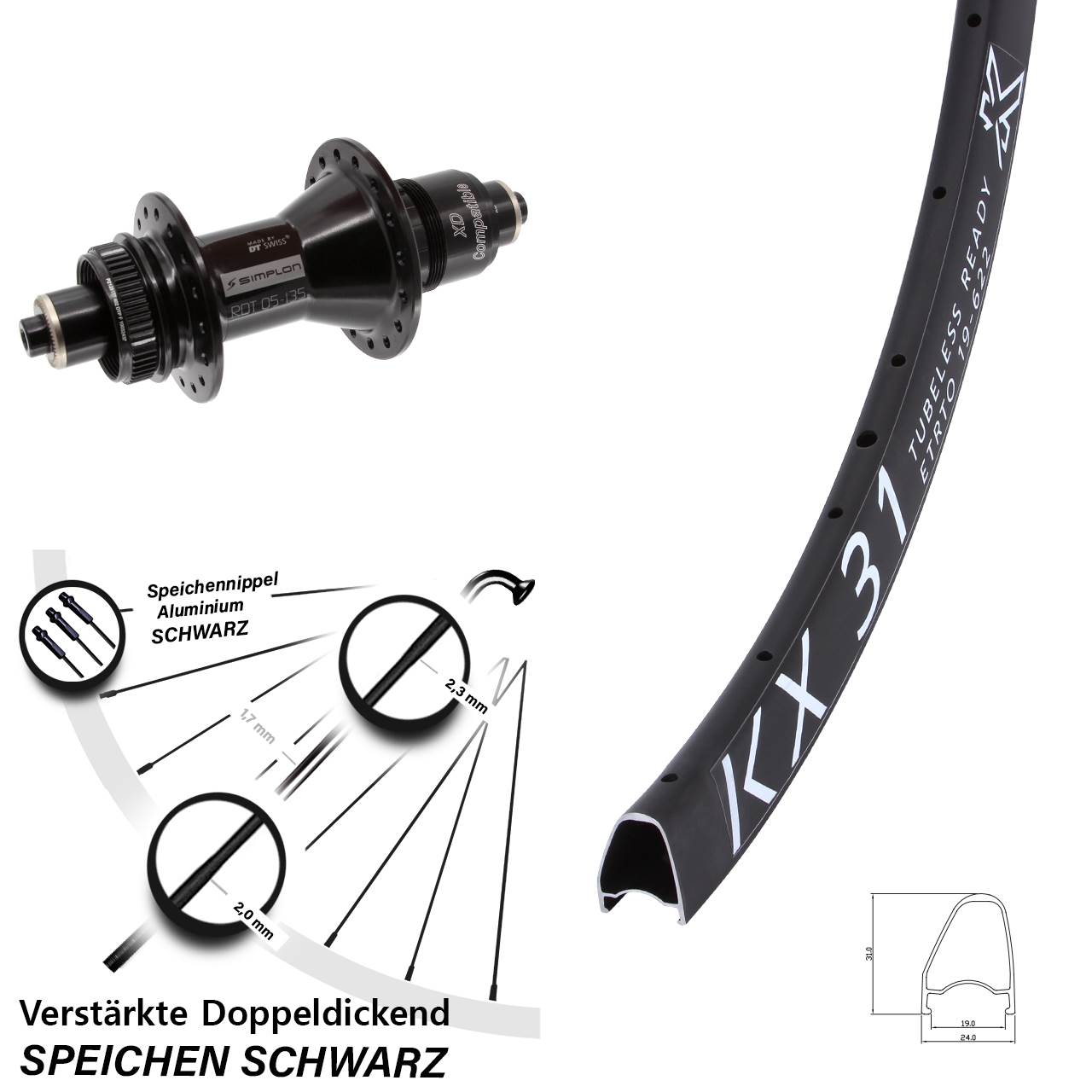 Hinterrad Centerlock 28 Zoll KX 31 Offset DT Swiss 370 XD 11-12 fach für Schnellspanner