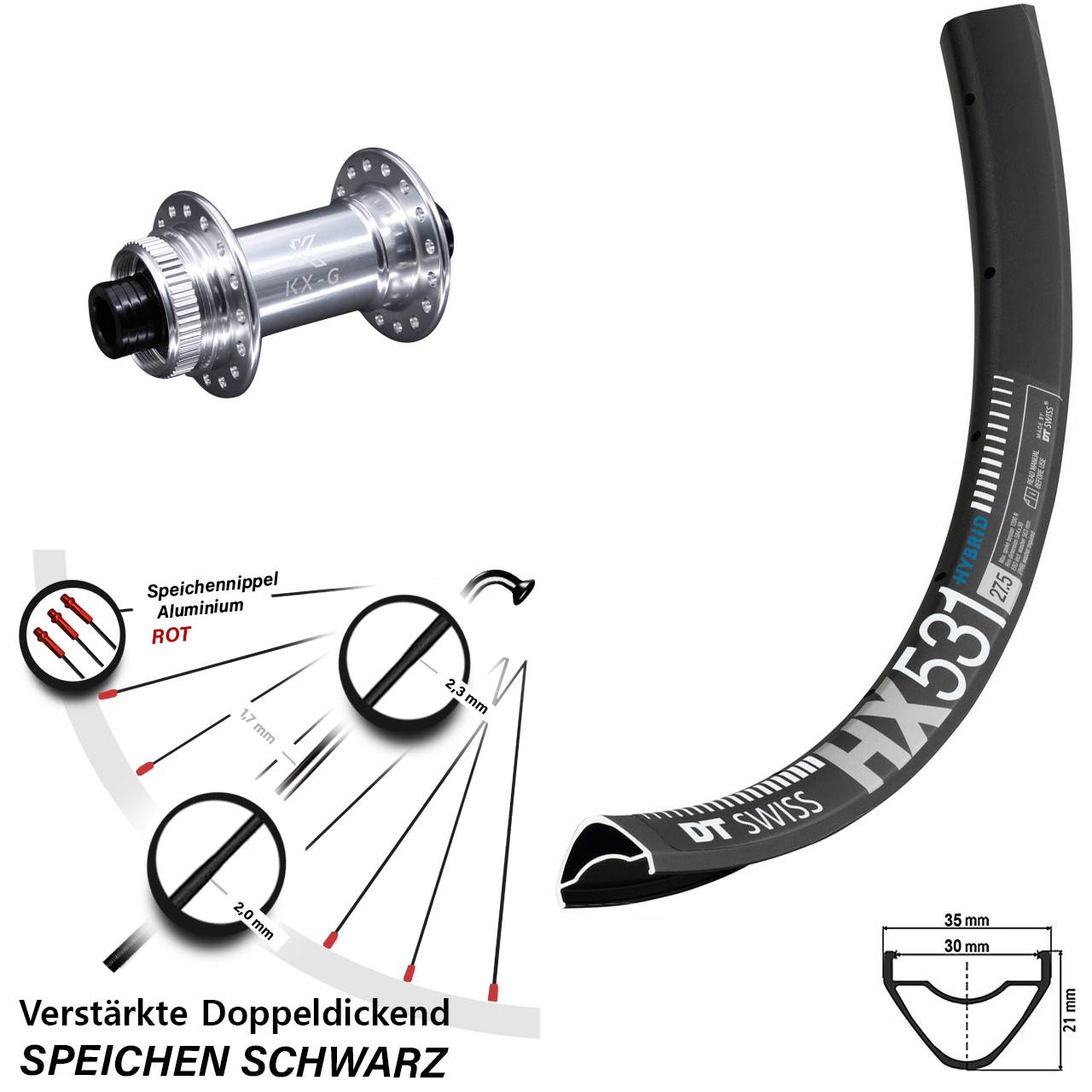Vorderrad Centerlock 15x100 29 Zoll DT Swiss HX531 KX-G