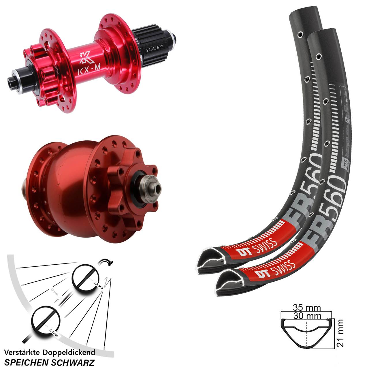 Disc Laufrad-Satz 26 Zoll DT Swiss FR 560 KX-M rot SON 28 Shimano Micro Spline QR