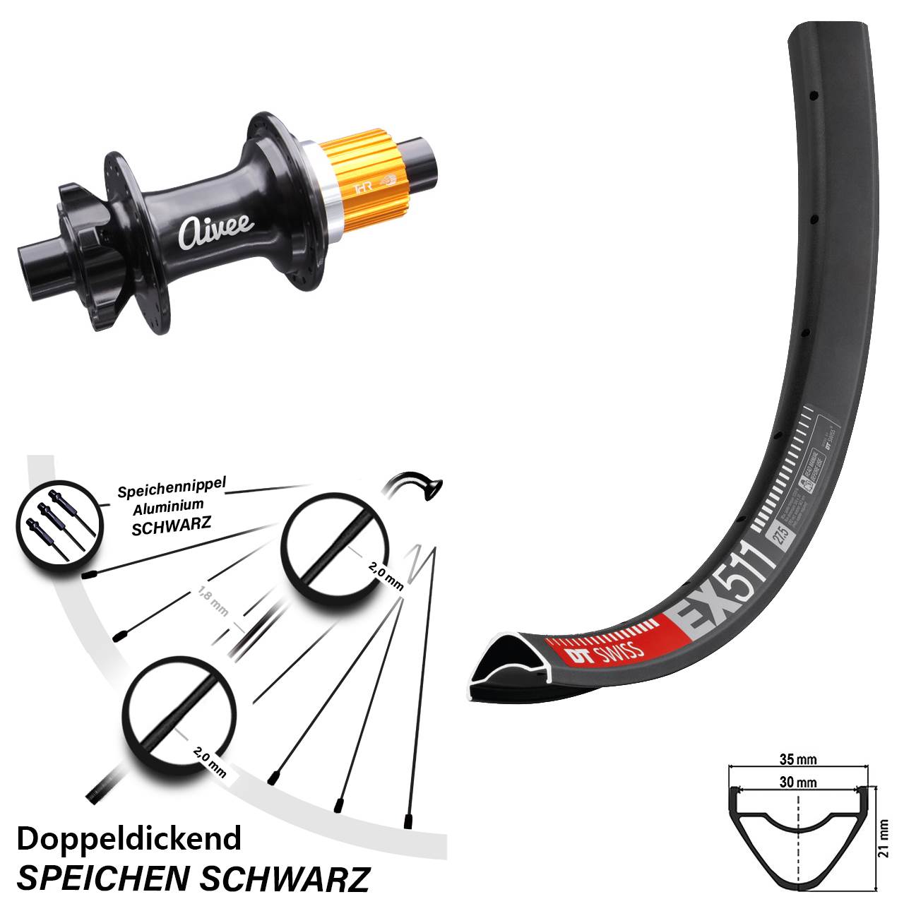 Disc Hinterrad 27,5 Zoll DT Swiss EX 511 Aivee Classic Micro Spline 12x148 Boost