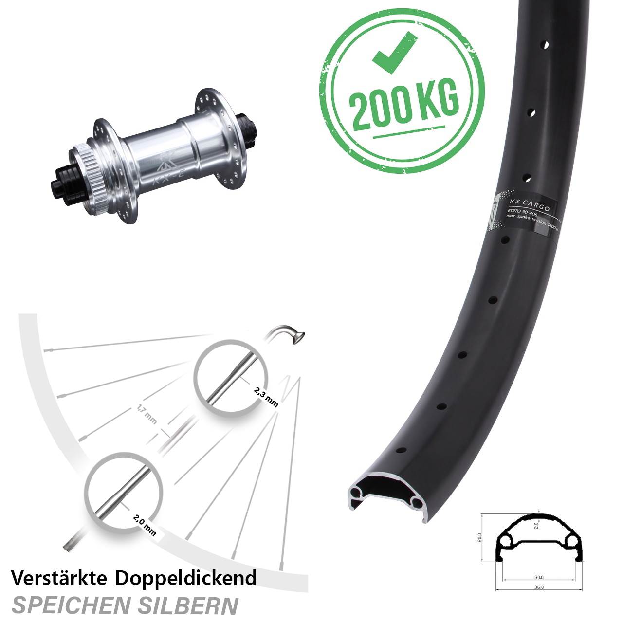 26 Zoll Vorderrad KX Cargo breit Centerlock 5x100 mm silbern Lastenrad