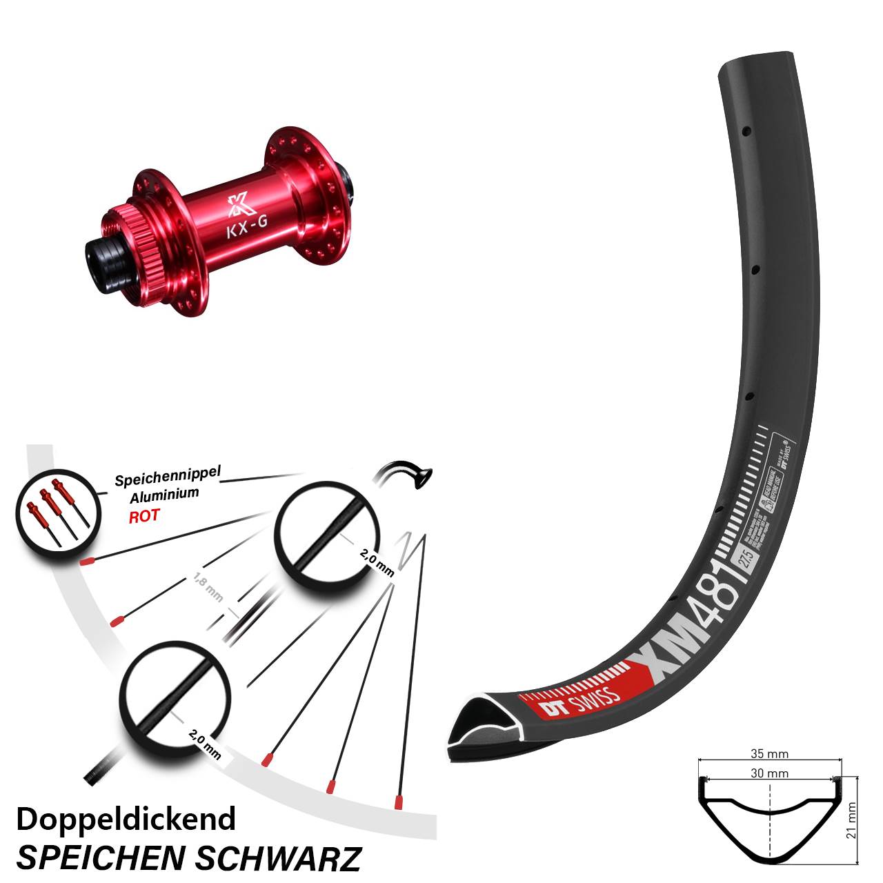 DT Swiss XM481 KX-G rot 27,5 Zoll Disc Laufrad 15x100