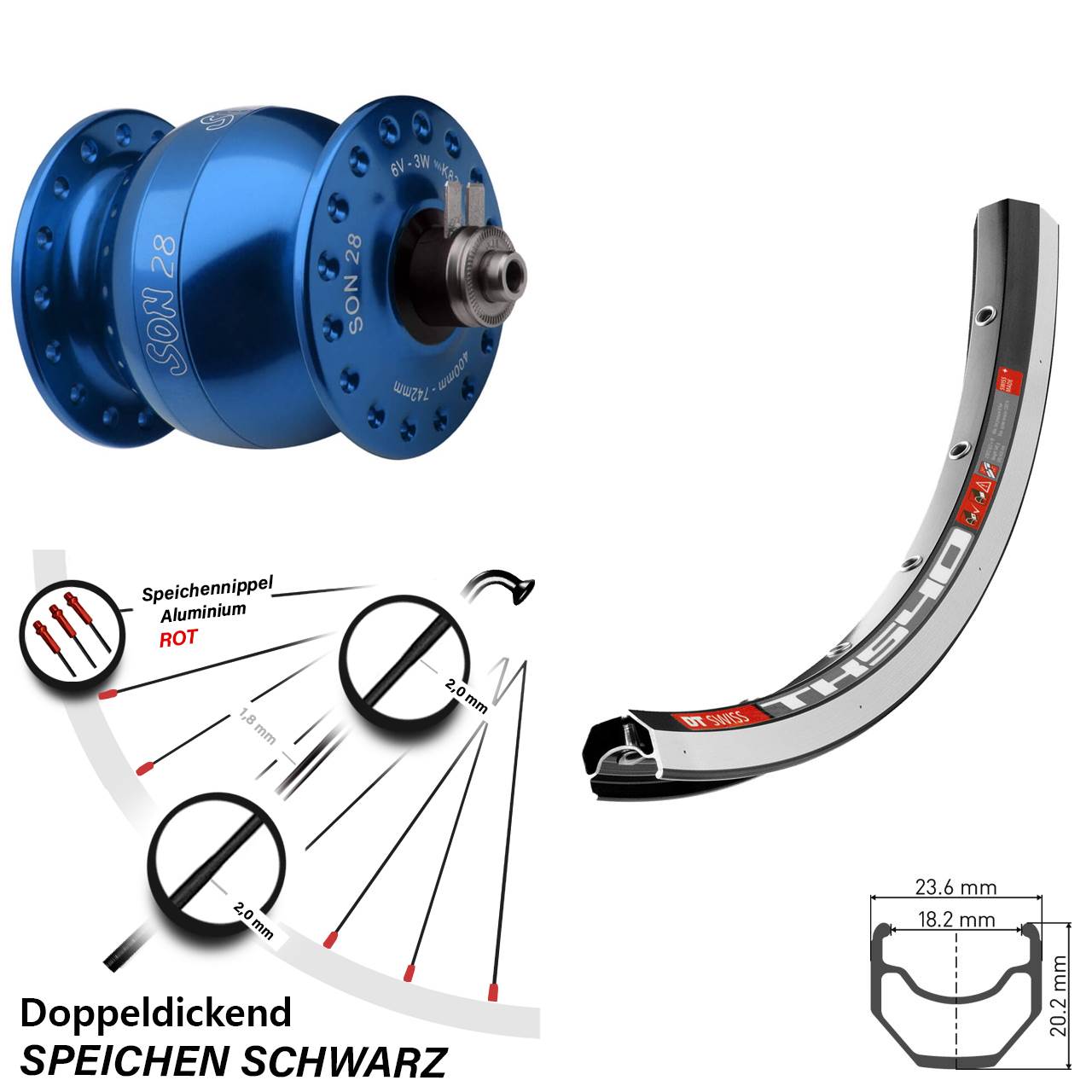bllauer Son 28 Zoll Vorderes Rad mit Nabendynamo DT Swiss TK 540