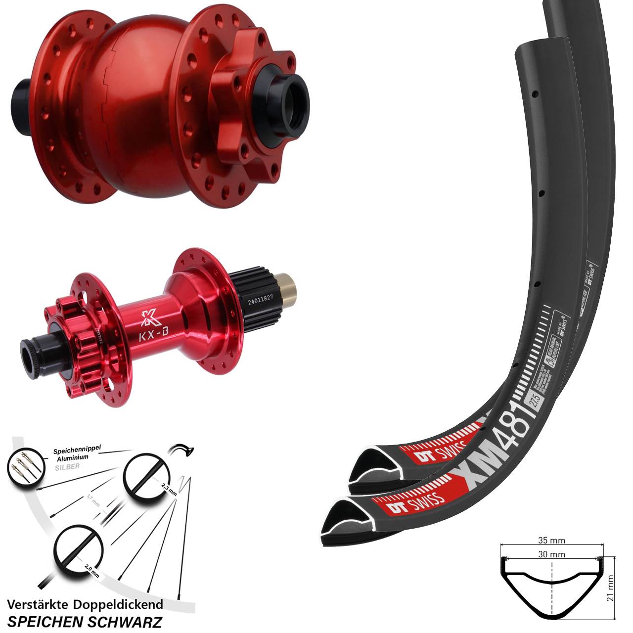 DT Swiss XM481 KX-B rot SON 28 27,5 Zoll Disc Laufradsatz 15x110 12x148 Shimano Micro Spli
