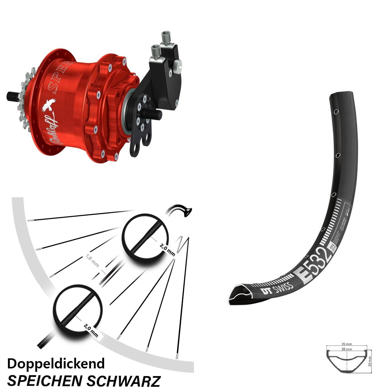 29 Zoll DT Swiss E532 Rohloff TS DB Tandem rot
