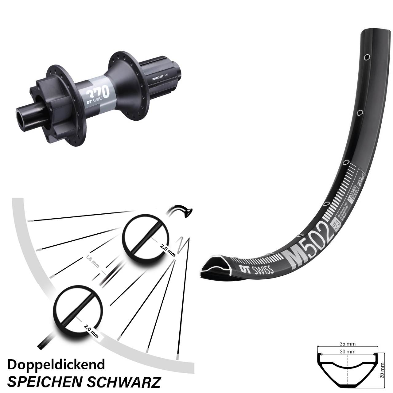 27,5 Zoll Hinterrad DT Swiss M 502 370 6-Loch 8-11 fach 12x148