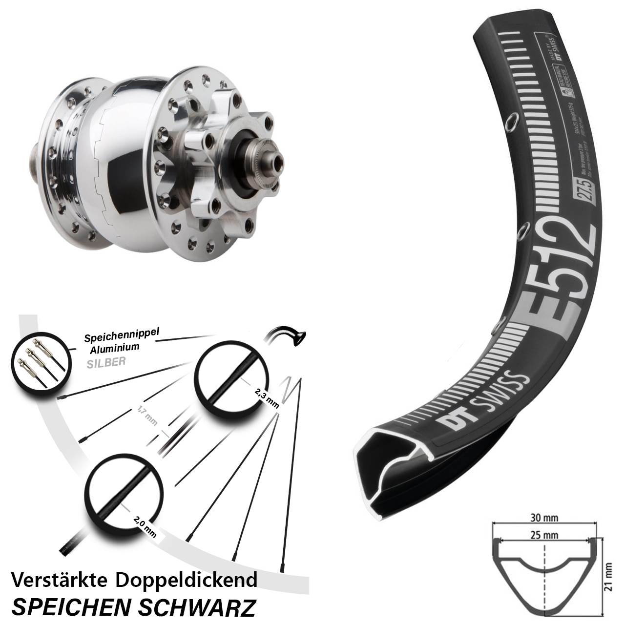 27,5 Zoll DT Swiss E512 SON 28 poliert Disc Vorderrad mit Nabendynamo QR