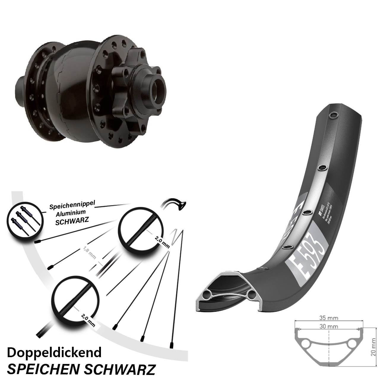 6-Loch Dynamo-Vorderrad 27,5 Zoll DT Swiss E593 SON 28 15x100