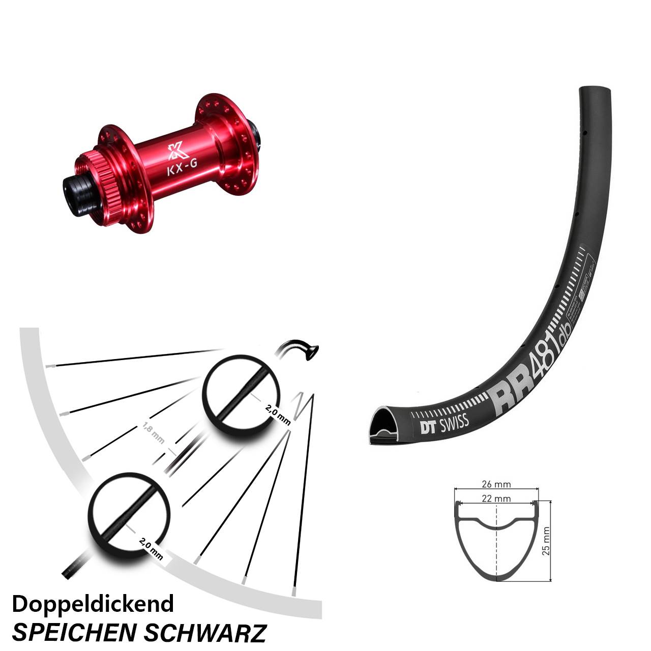 Vorderrad Centerlock 15x100 28 Zoll DT Swiss RR 481 KX-G rot