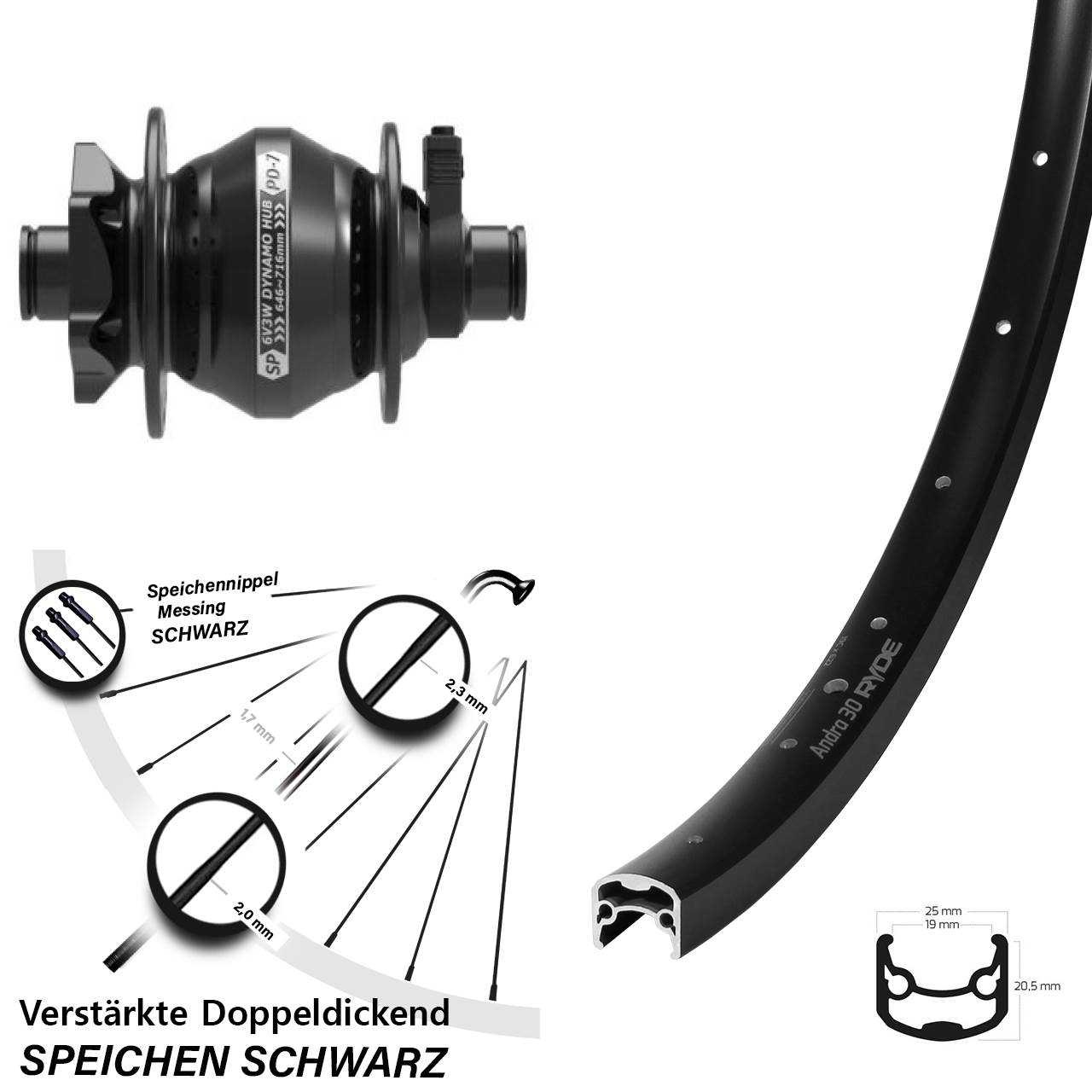 Nabendynamovorderrad 6-Loch 28 Zoll Ryde Andra 30 Shutter PD-7 12x100