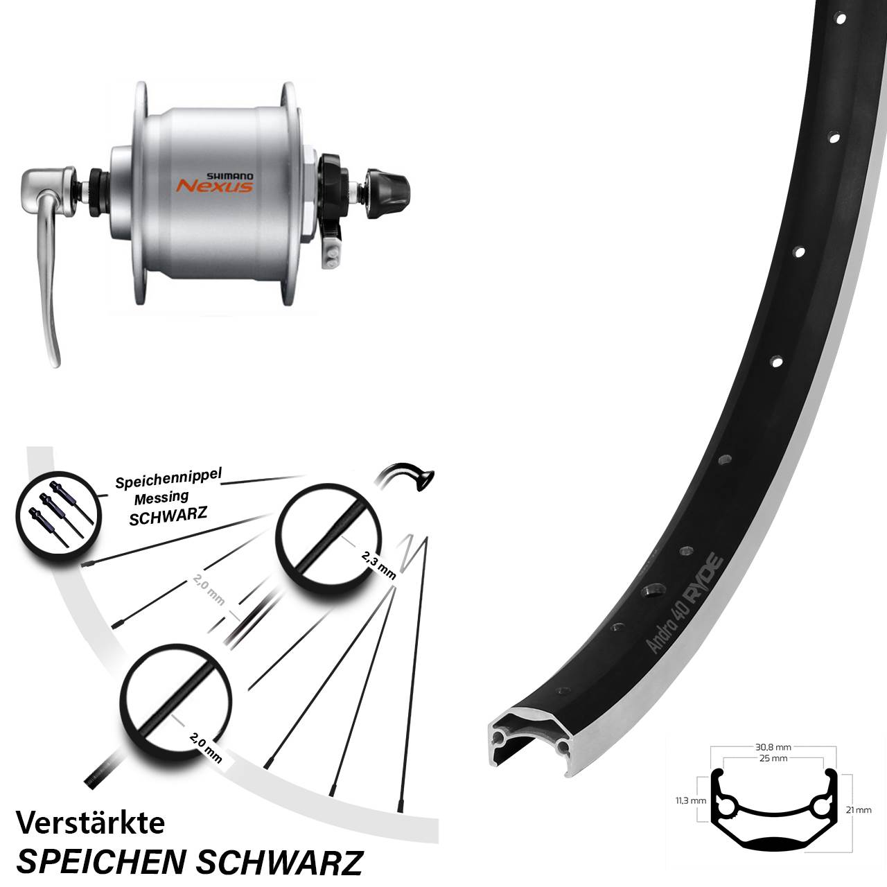 28 Zoll Vorderrad Shimano Nabendynamo DHC3000 Ryde Andra 40