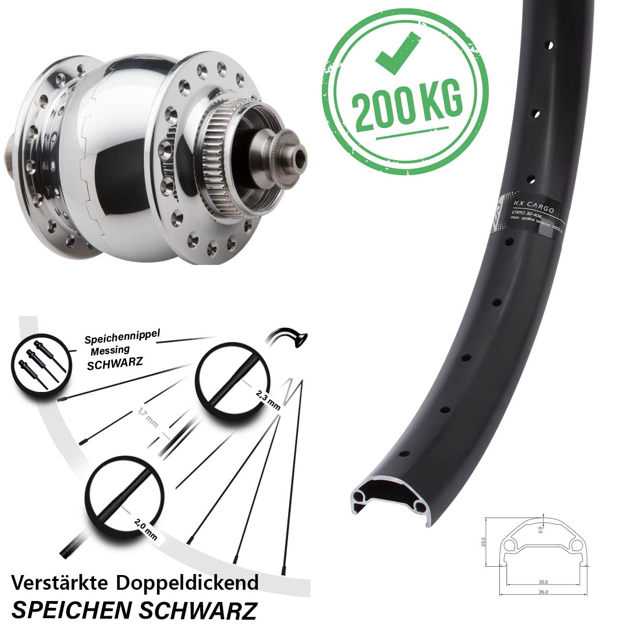 26 Zoll Vorderrad mit Nabendynamo KX Cargo SON 28 Disc Centerlock silbern polier